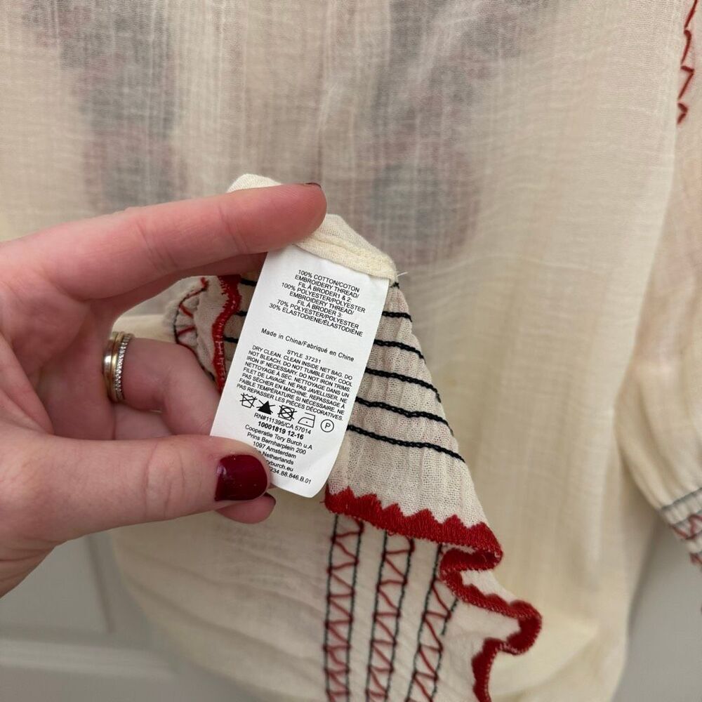 Tory Burch Mari Peasant Top Size Medium Embroidered Floral Cream Red - Picture 7 of 8